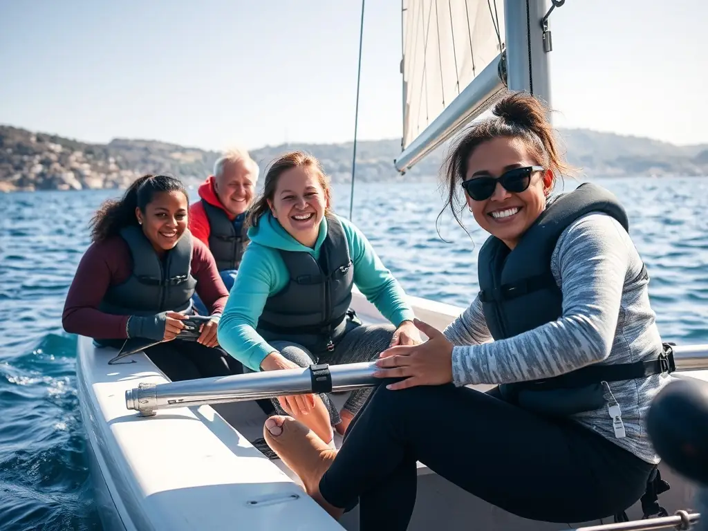 An inspiring image showing participants engaged in an adaptive sailing session, highlighting the accessibility and inclusivity of RAM'EN RANCE's sports programs.