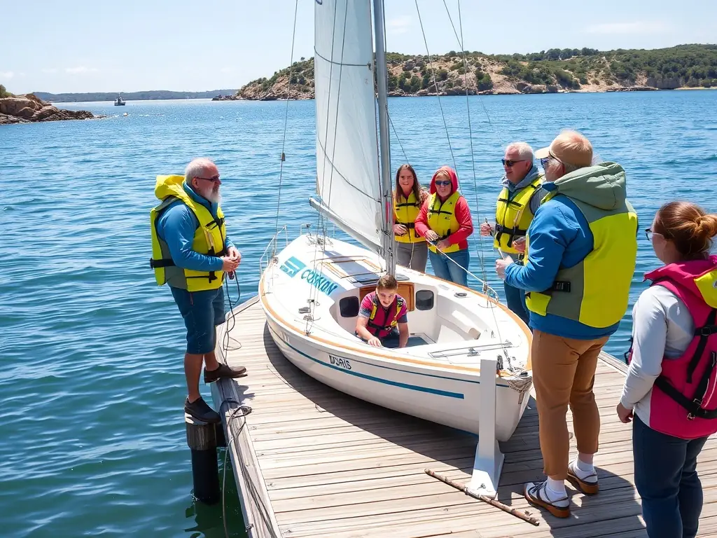 A group of people of various ages learning to sail a doris boat on a sunny day, with an instructor guiding them. The scene should convey a sense of teamwork, learning, and enjoyment of the maritime environment.