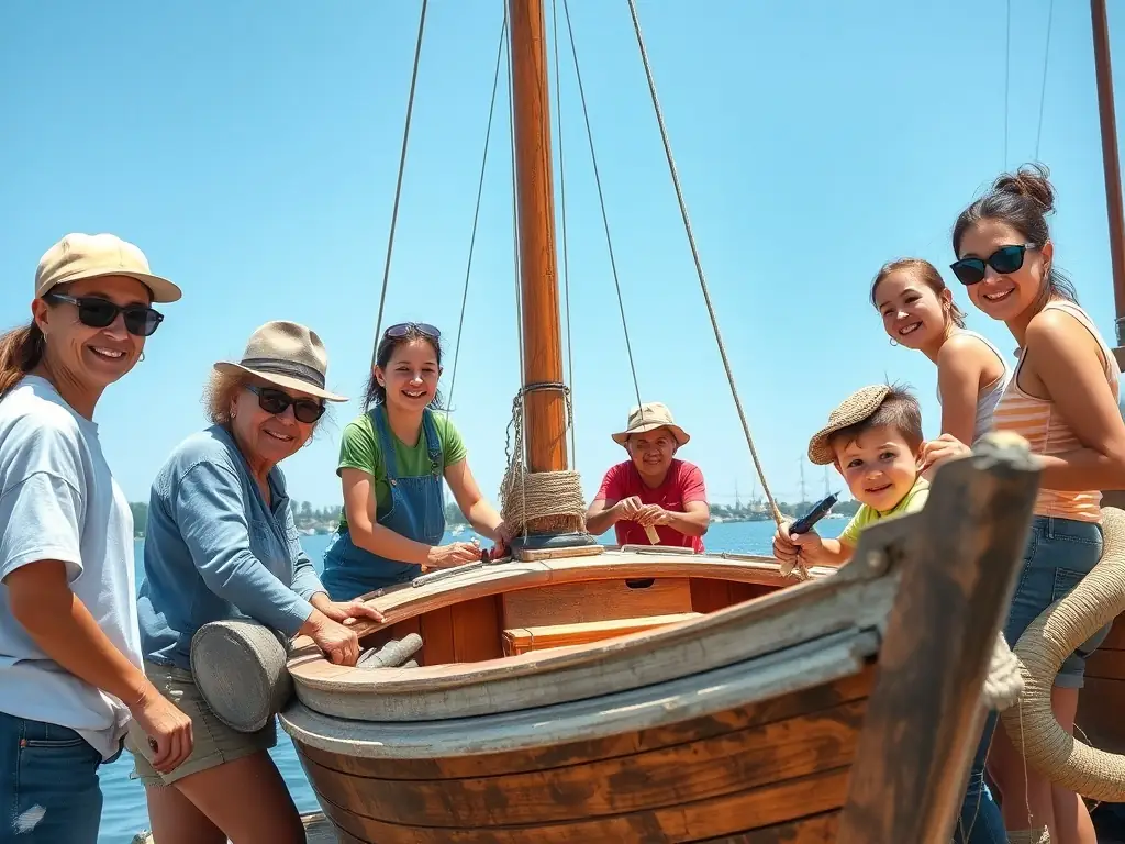 A group of diverse community members laughing and working together to repair a doris boat on a sunny day, symbolizing community engagement and skill-sharing.