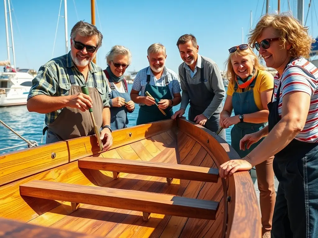 A heartwarming image depicting community members working together on a boat restoration project, emphasizing the collaborative spirit and community engagement fostered by RAM'EN RANCE.