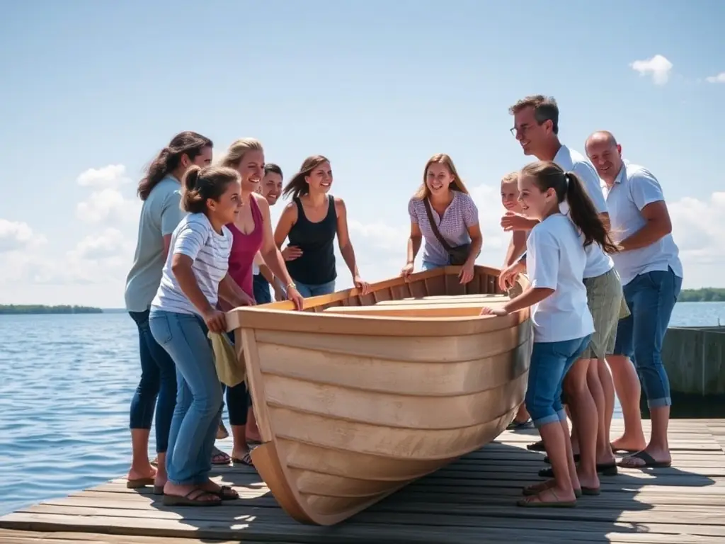 A group of diverse community members laughing and working together to prepare a doris boat for sailing, symbolizing teamwork and community spirit.