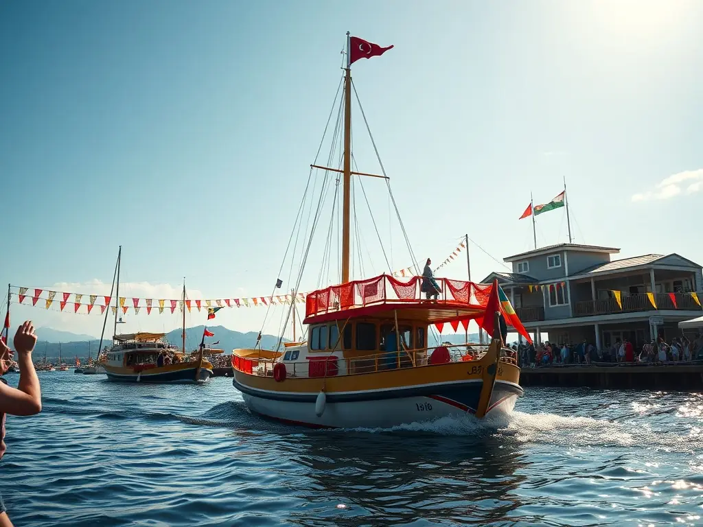 A scenic image of a doris boat sailing during a community event, with people cheering from the shore, highlighting the festive atmosphere and community spirit.