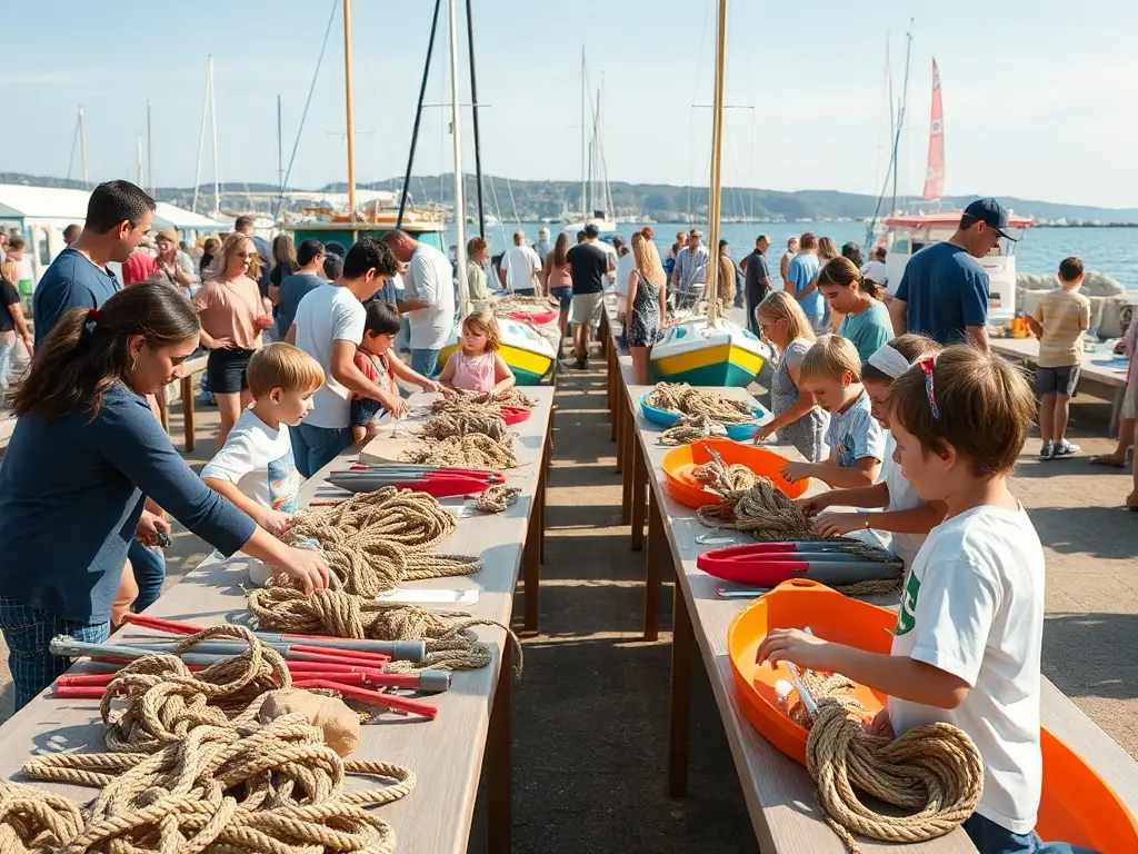 A photograph capturing a community event centered around doris boats, with families participating in various activities such as knot-tying, boat building, and storytelling related to maritime history.