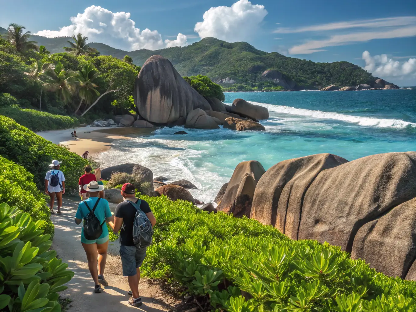 A vibrant image capturing a group of people of various ages and abilities participating in a sailing activity on a traditional doris boat, with a scenic coastal backdrop.