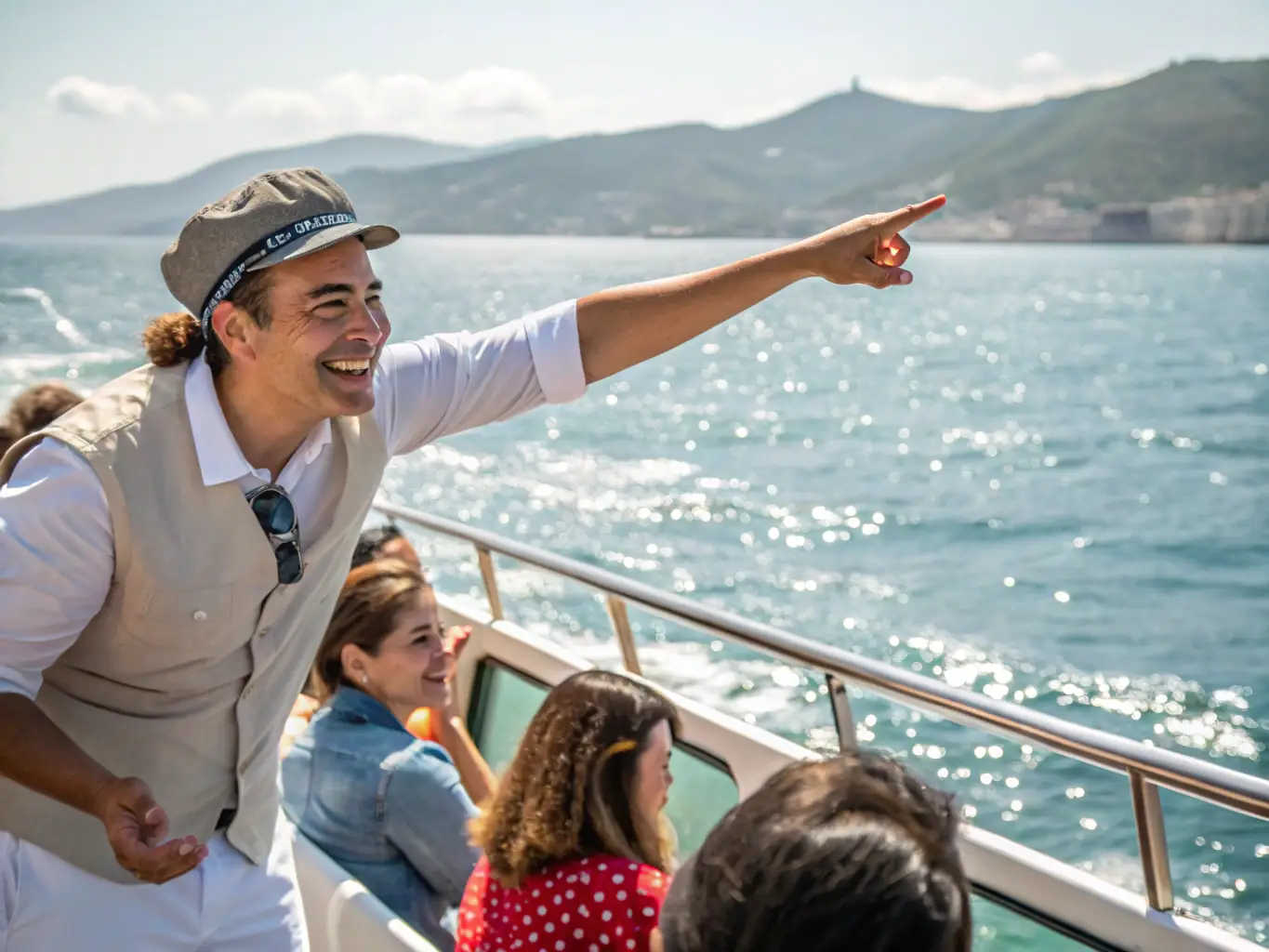 A scenic shot of a guided tour on a doris boat, showcasing the beautiful coastal landscapes and historical landmarks. The image should highlight the educational aspect of the tour and the natural beauty of the surroundings.