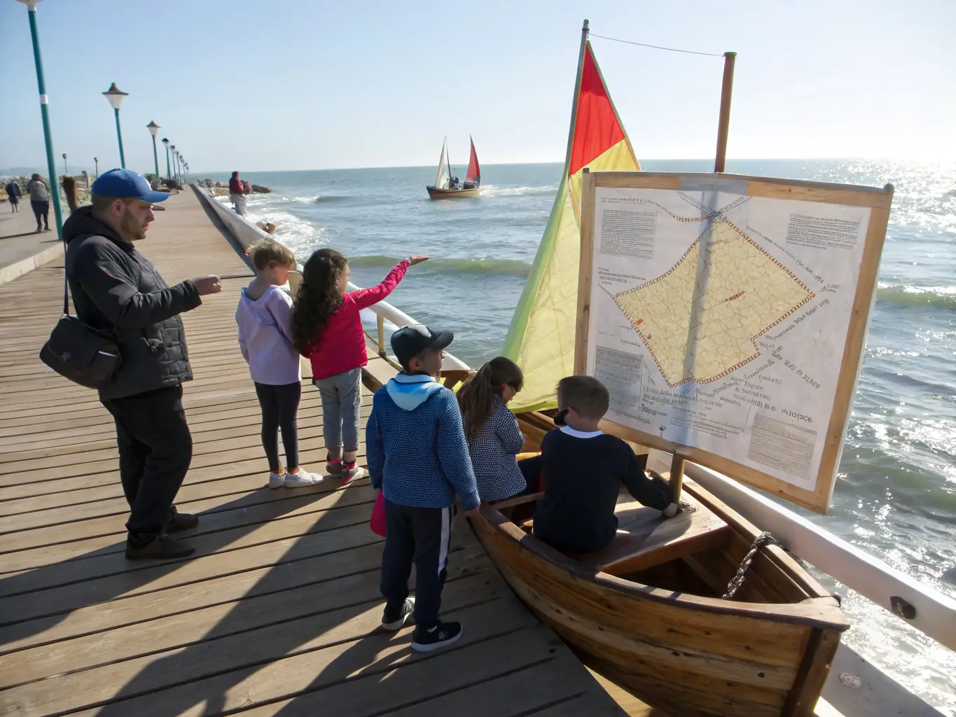A group of people of various ages learning to sail a traditional Doris boat on a sunny day, showcasing the hands-on experience and community spirit of RAM'EN RANCE's nautical programs.