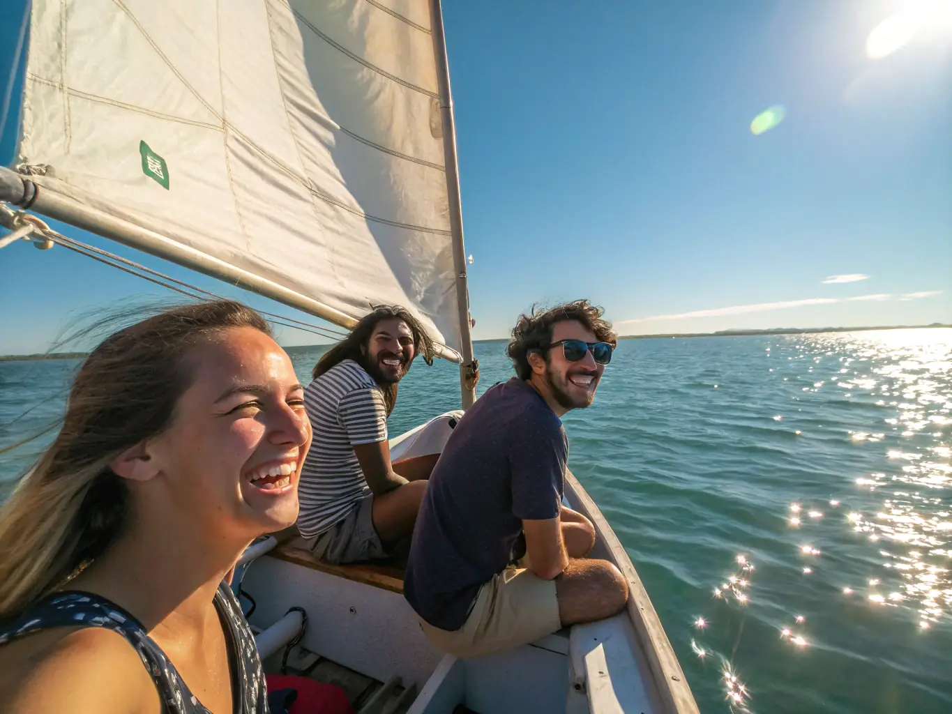 A group of people sailing in a traditional Doris boat on a sunny day, showcasing teamwork and the joy of maritime activities.